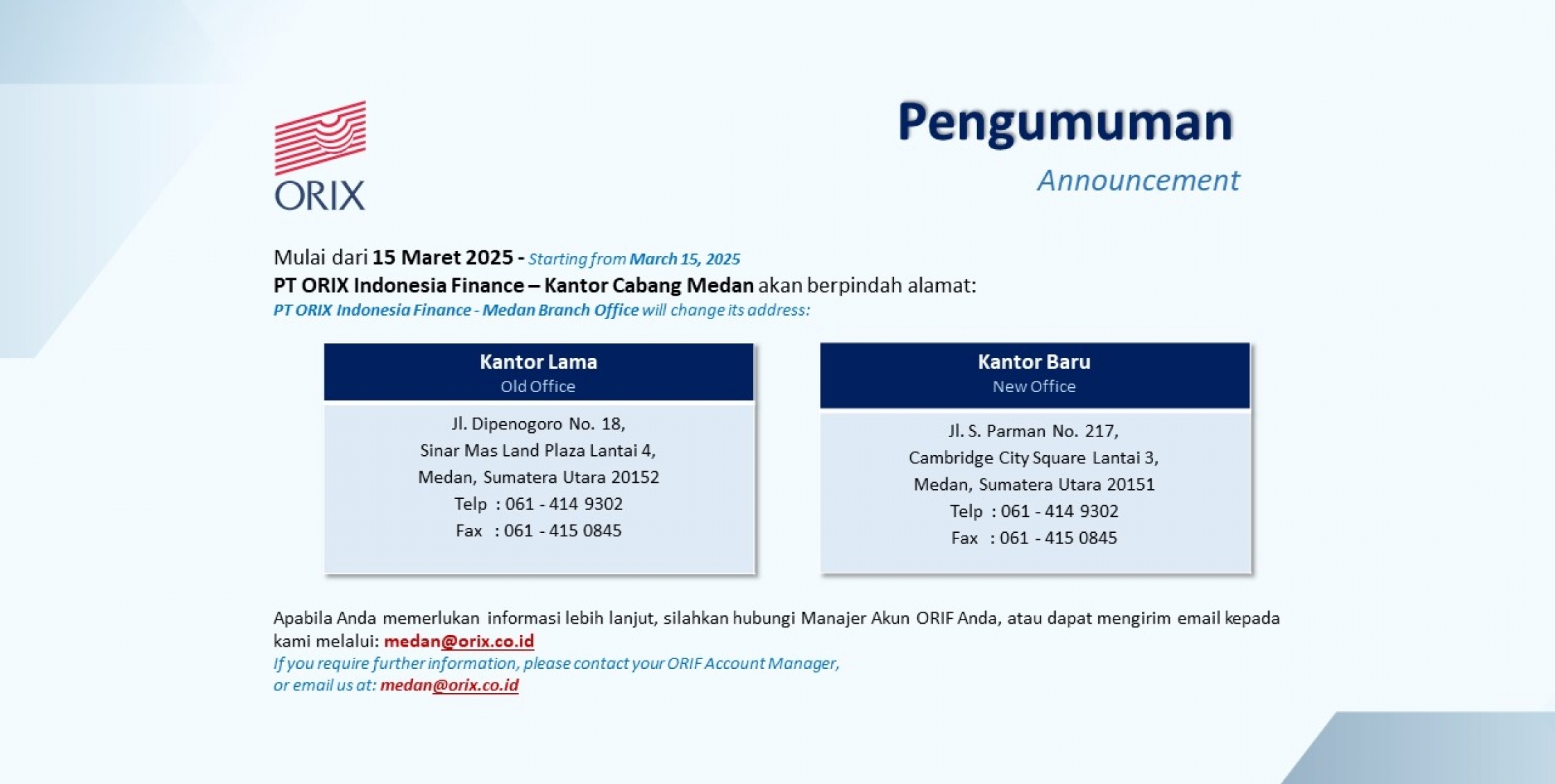 Announcement Medan Branch Office Change Address