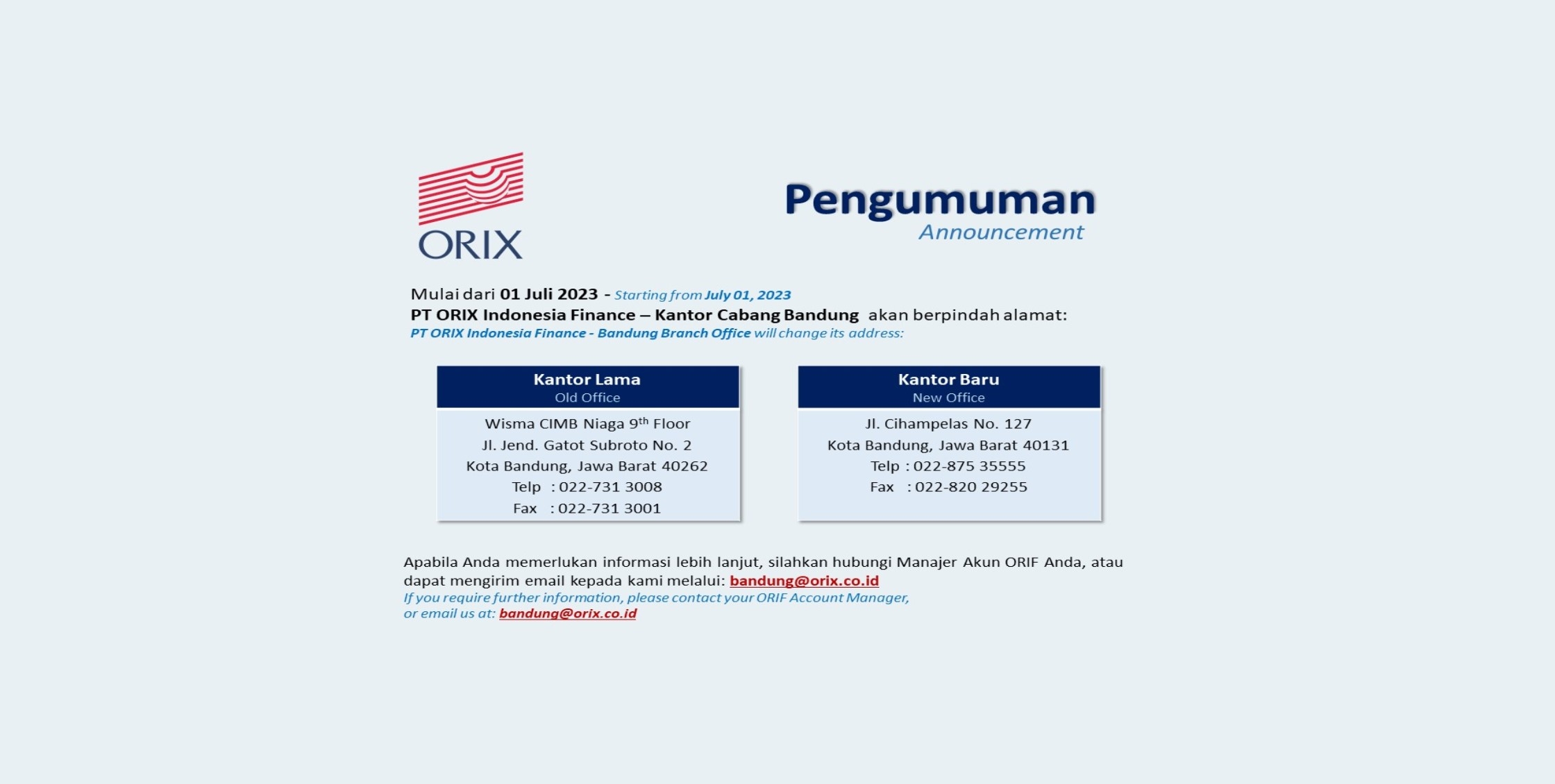 Announcement Bandung Branch Office Change Address